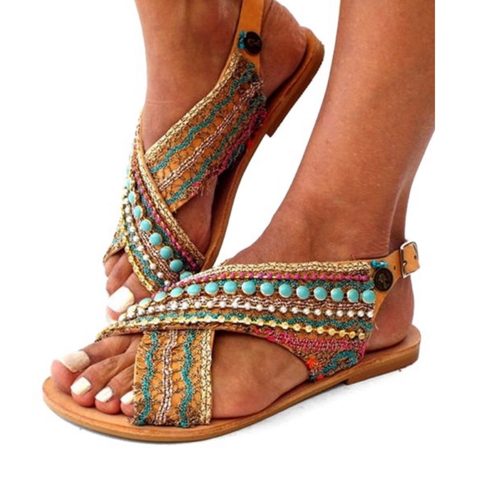 Teal blue & amber Red Beaded Sandals